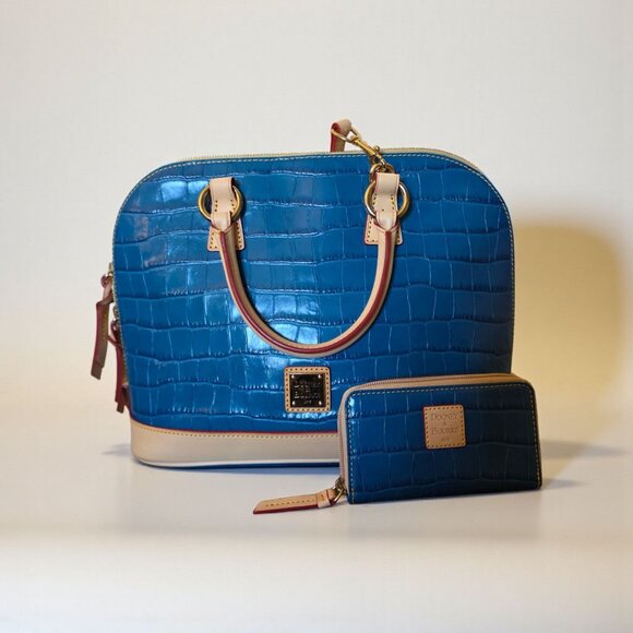 Dooney & Bourke Marine Blue Croco Embossed Zip Satchel & Wallet Set Leather Bag - Picture 1 of 16